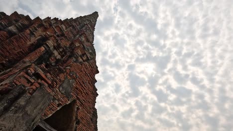 bird glides past a dilapidated brick structure