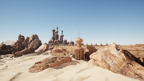 una ciudad del desierto de fantasía con un castillo de piedra y ruinas