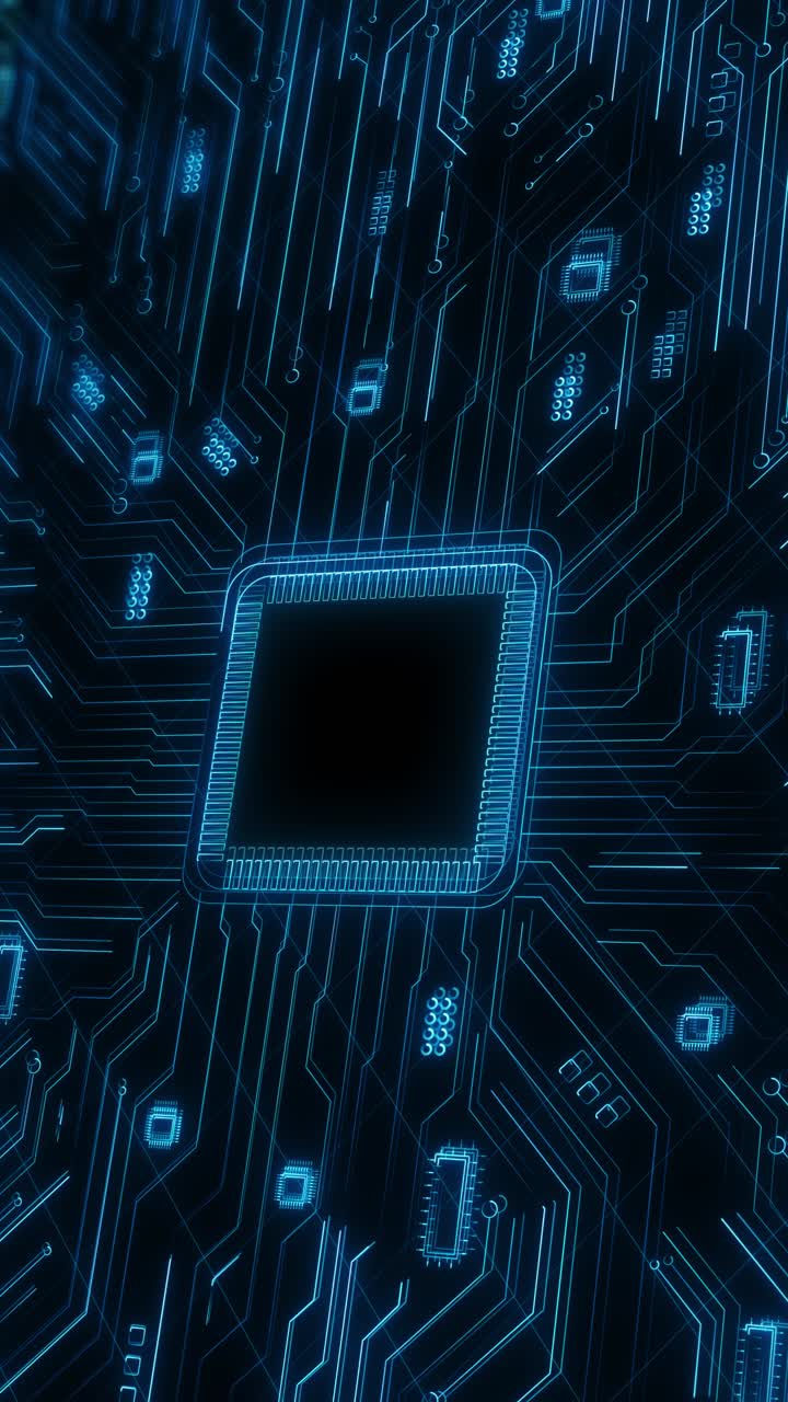 Futuristic animation glowing neon circuit board central microchip design power digital technology ai