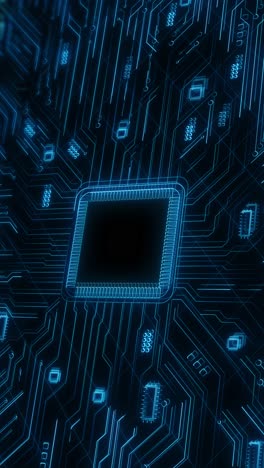 futuristic animation glowing neon circuit board central microchip design power digital technology ai