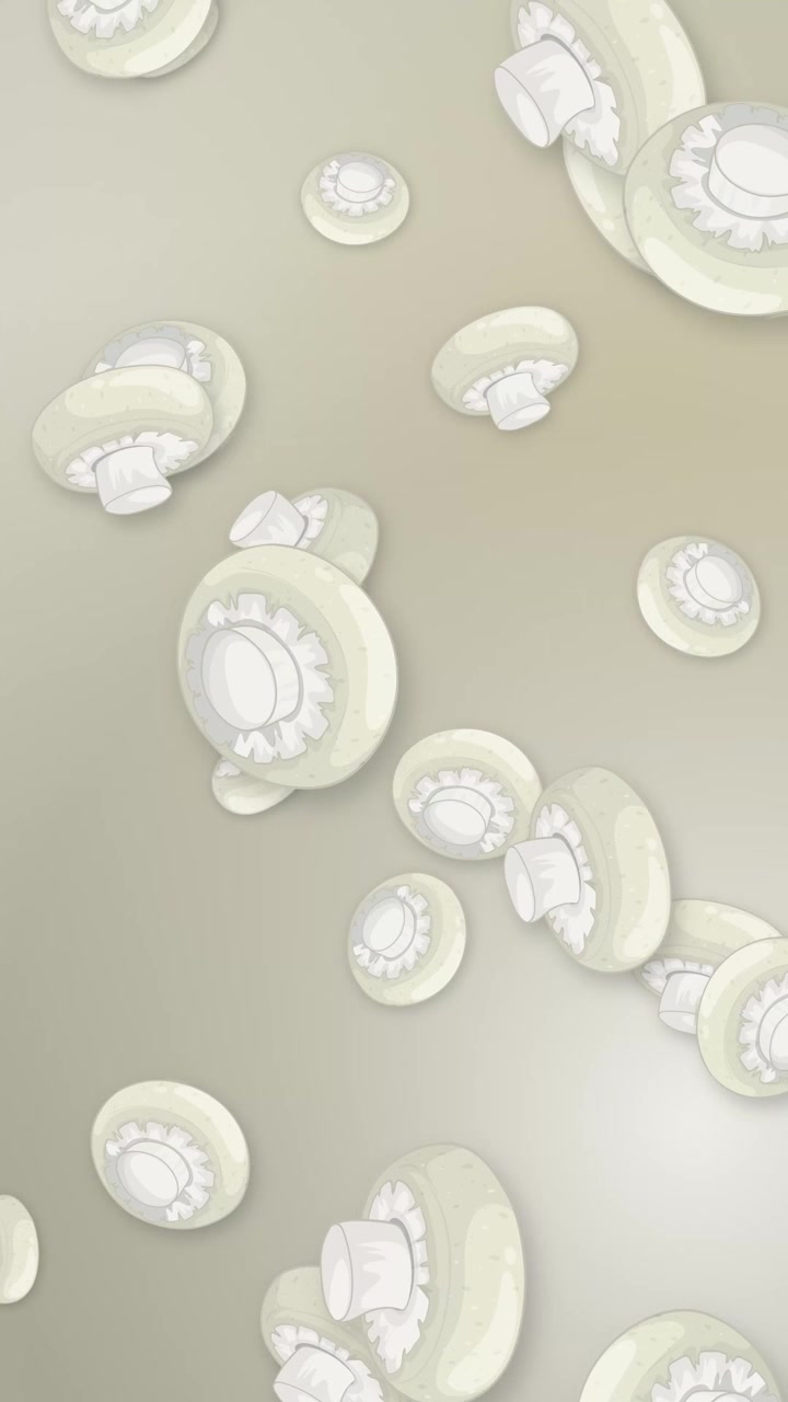 Stylized white button mushrooms fall and rotate against a soft grey gradient background.