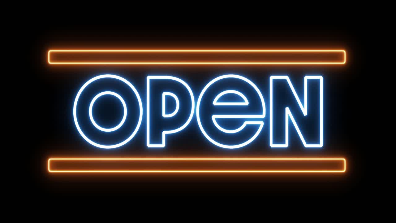 Animation of glowing blue open text with orange bars flashing on seamless loop
