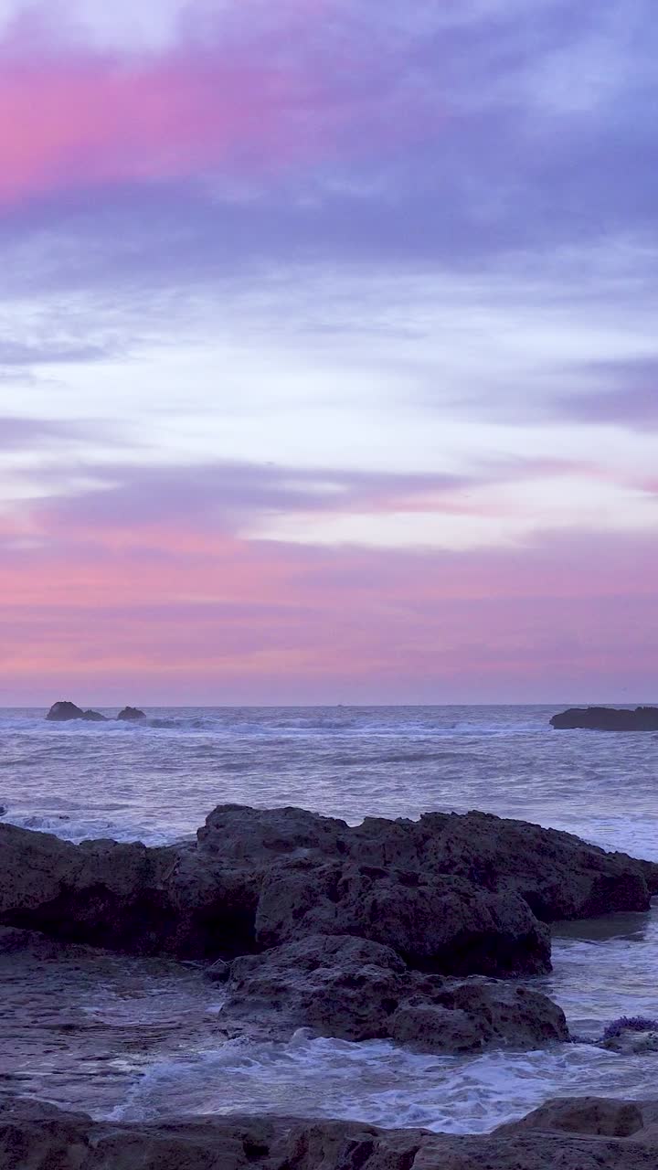 Nuvole color viola sulle onde dell'oceano al tramonto. Rocce e sabbia nelle acque dell'Oceano Atlantico. Gabbiano che vola sull'acqua. Video verticale