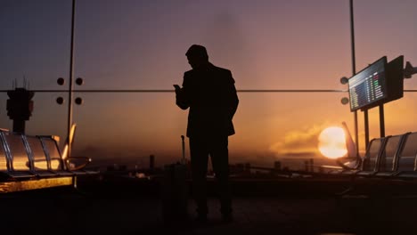 full body back view of asian businessman with rolling suitcase waits for flight in boarding lounge at the airport, looking at smartphone, celebrating, airplane takes off outside the window at sunset