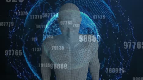 연결 네트워크의 세계에 대항하여 여러 번 변하는 숫자와 남성 인체 모델
