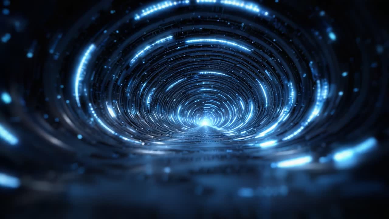 A Captivating Glimpse of a Futuristic Tunnel Transitioning Through Time and Space, Filled with Pulsing Blue Lights and an Enigmatic Glow at the End