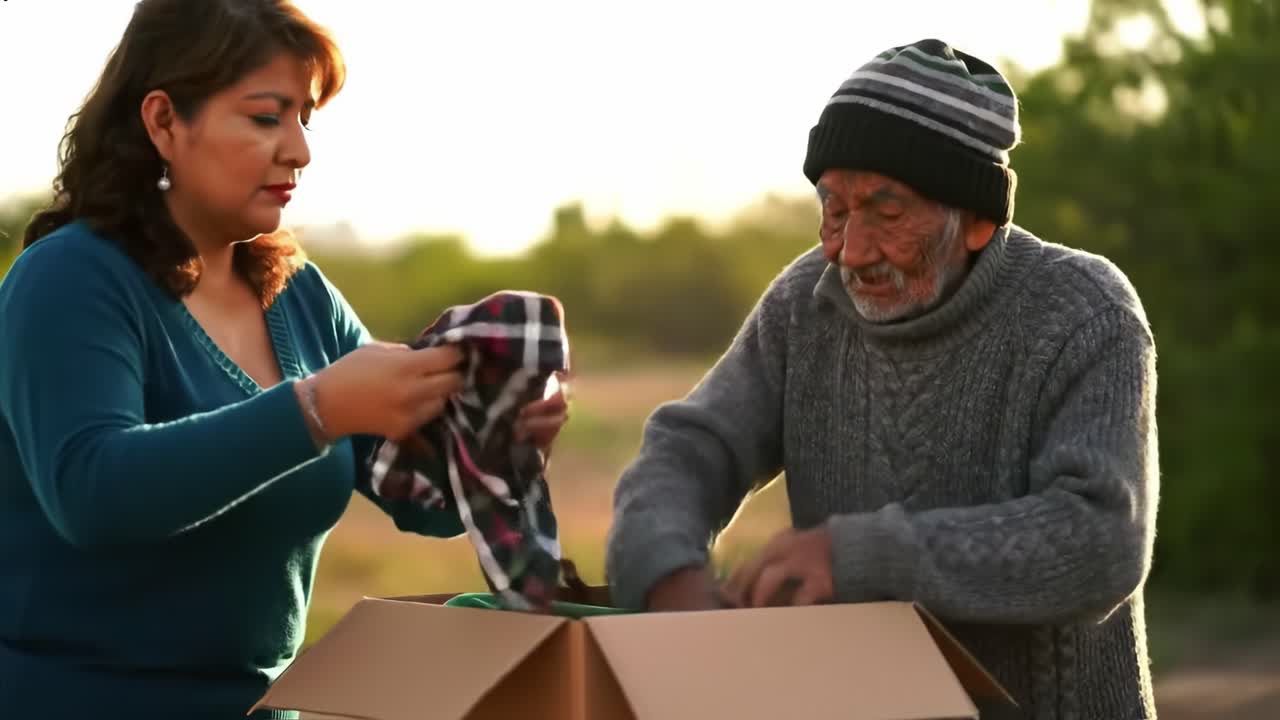 Two individuals gather around a box filled with donated items, showcasing a spirit of community and generosity. The warm sunset adds a golden glow to their meaningful activity.