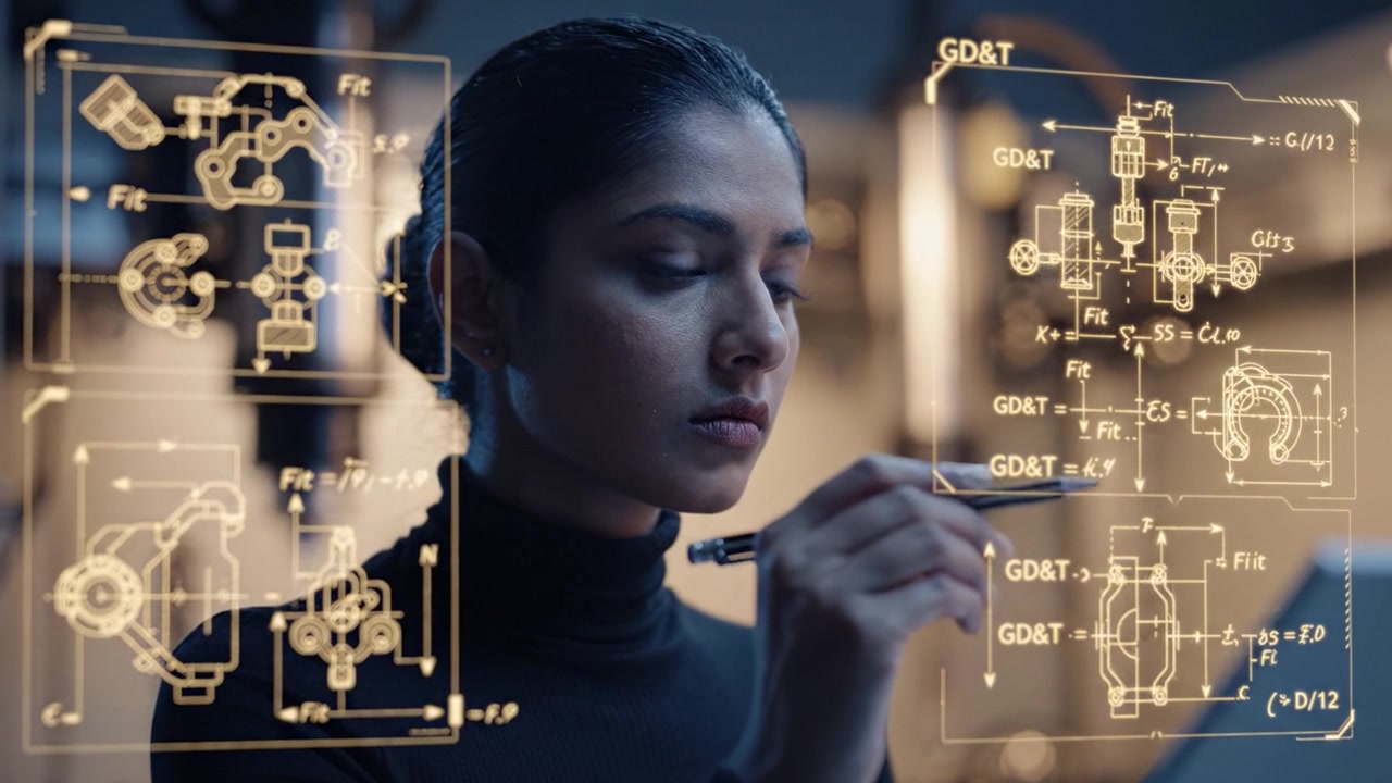 A focused engineer analyzes intricate blueprints while preparing for a project, showcasing her expertise and precision in a high-tech environment with advanced designs.