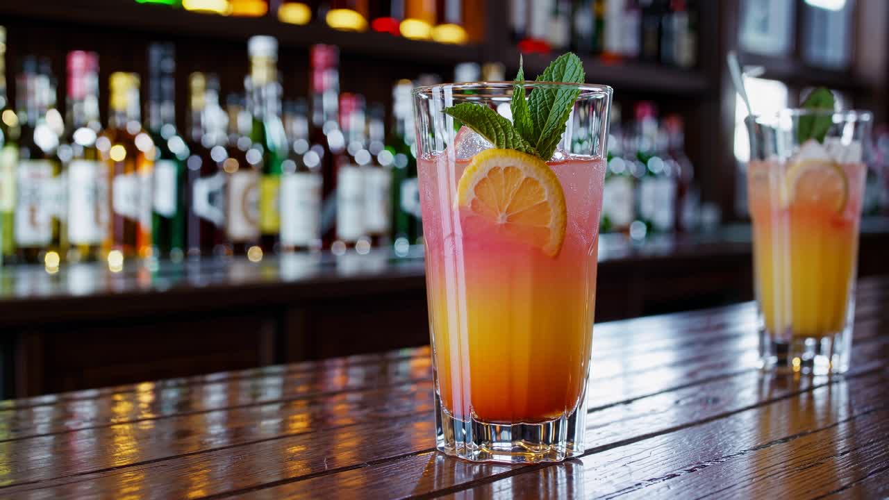 Nærbilledvideo af en levende cocktail på en træbar, der viser et farveforløb med en citron.