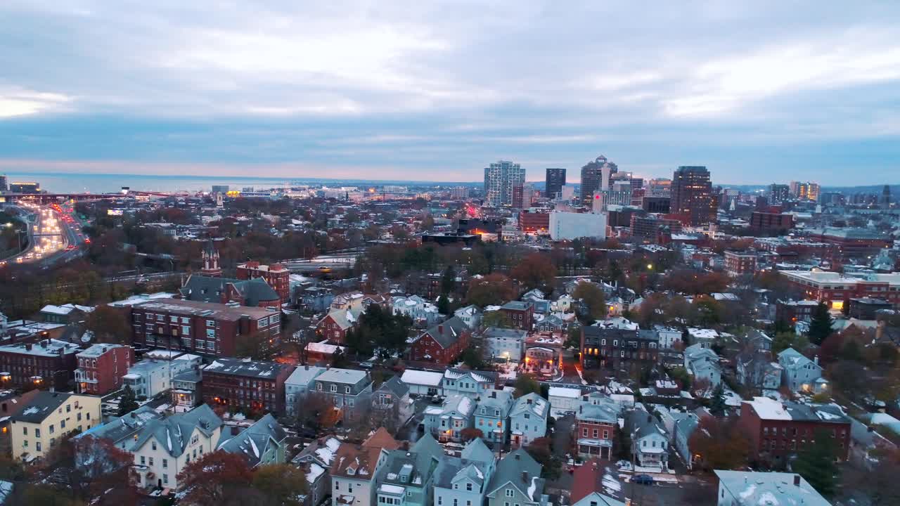 Aerial New Haven Connecticut Skyline Drone at sunset