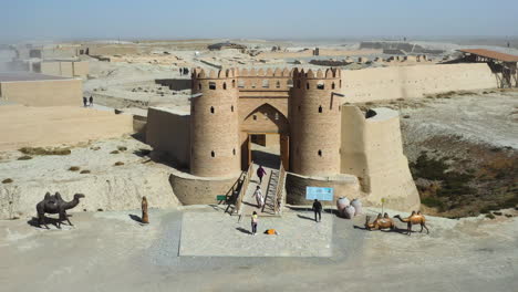 drone revealing shot of the city of otrar along the great slik road