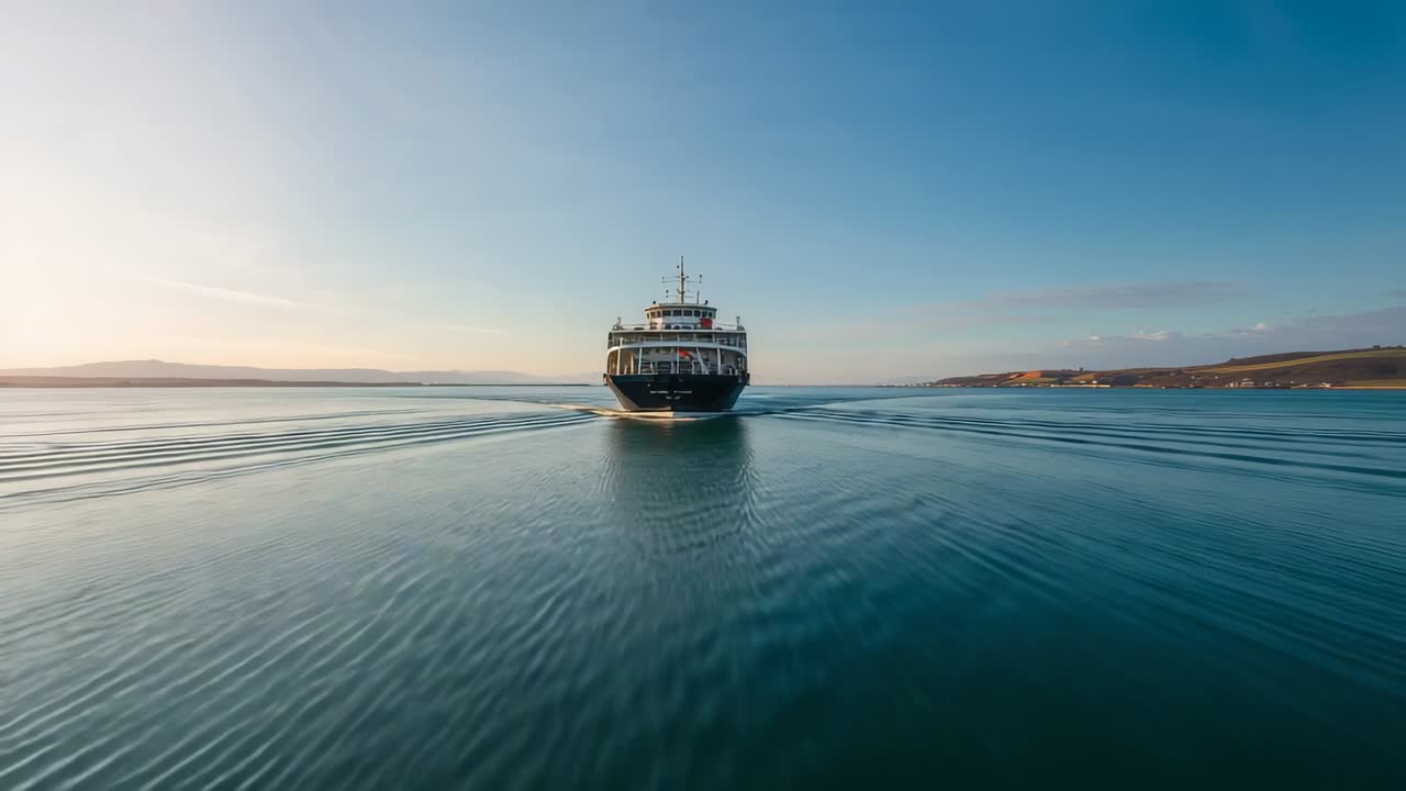 Eine sich nähernde Fähre, die sich vom Horizont auf die Kamera zubewegt und dabei Wellen erzeugt, die das Ufer erreichen