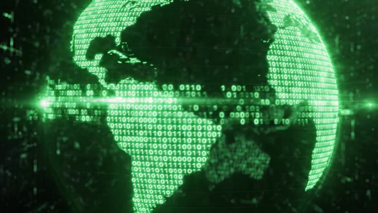 A Fascinating Digital Representation of Earth with a Green Glowing Aesthetic, Showcasing Data Integration and Global Connectivity through Binary Patterns