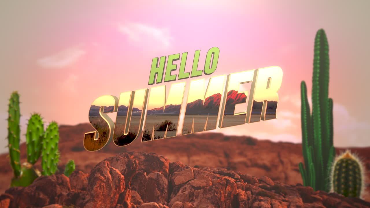 hola verano en paisaje desértico con montaña y cactus en puesta de sol