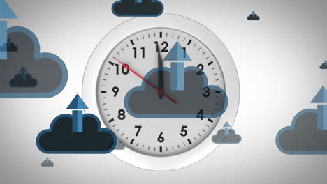 animación de flechas hacia arriba en nubes sobre el reloj contra fondo blanco