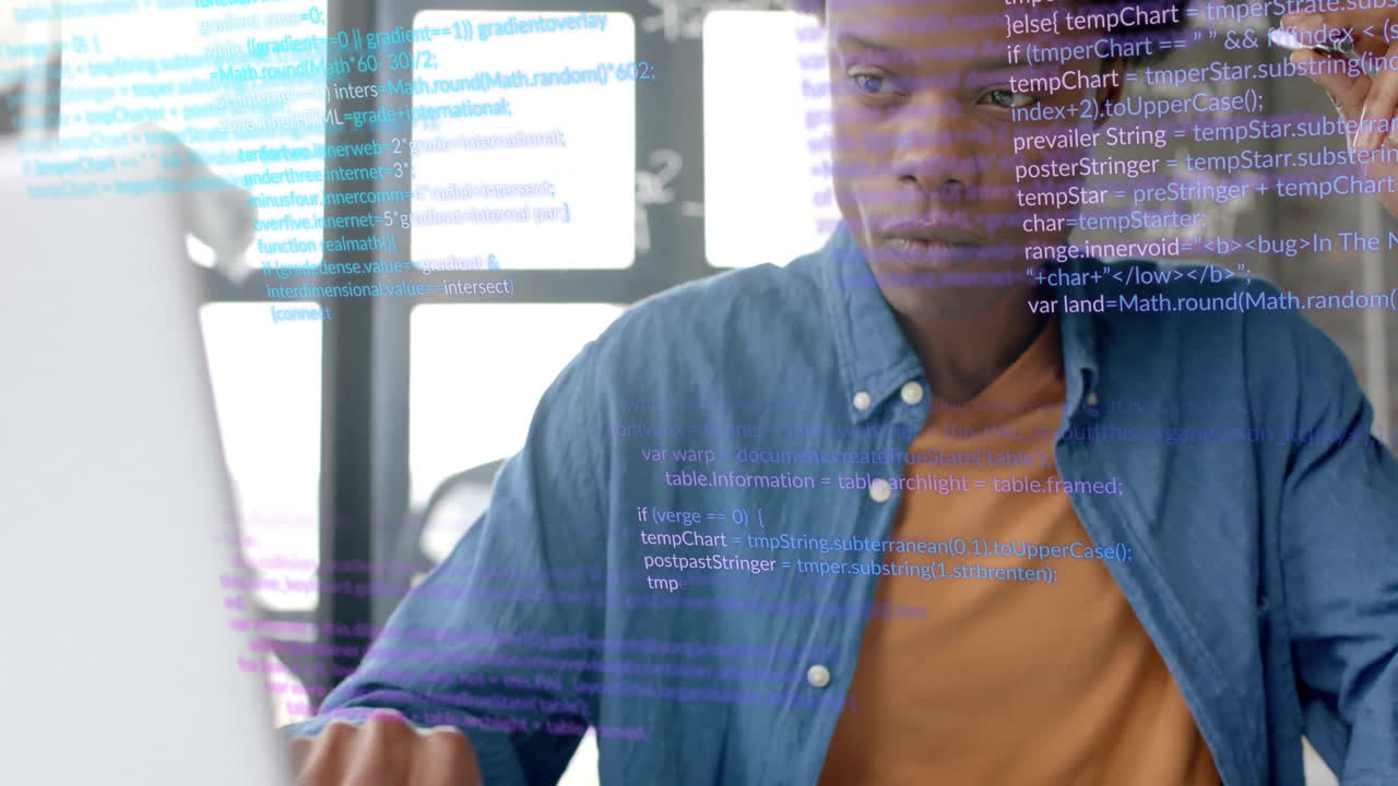 Animation of data processing over african american businessman in office