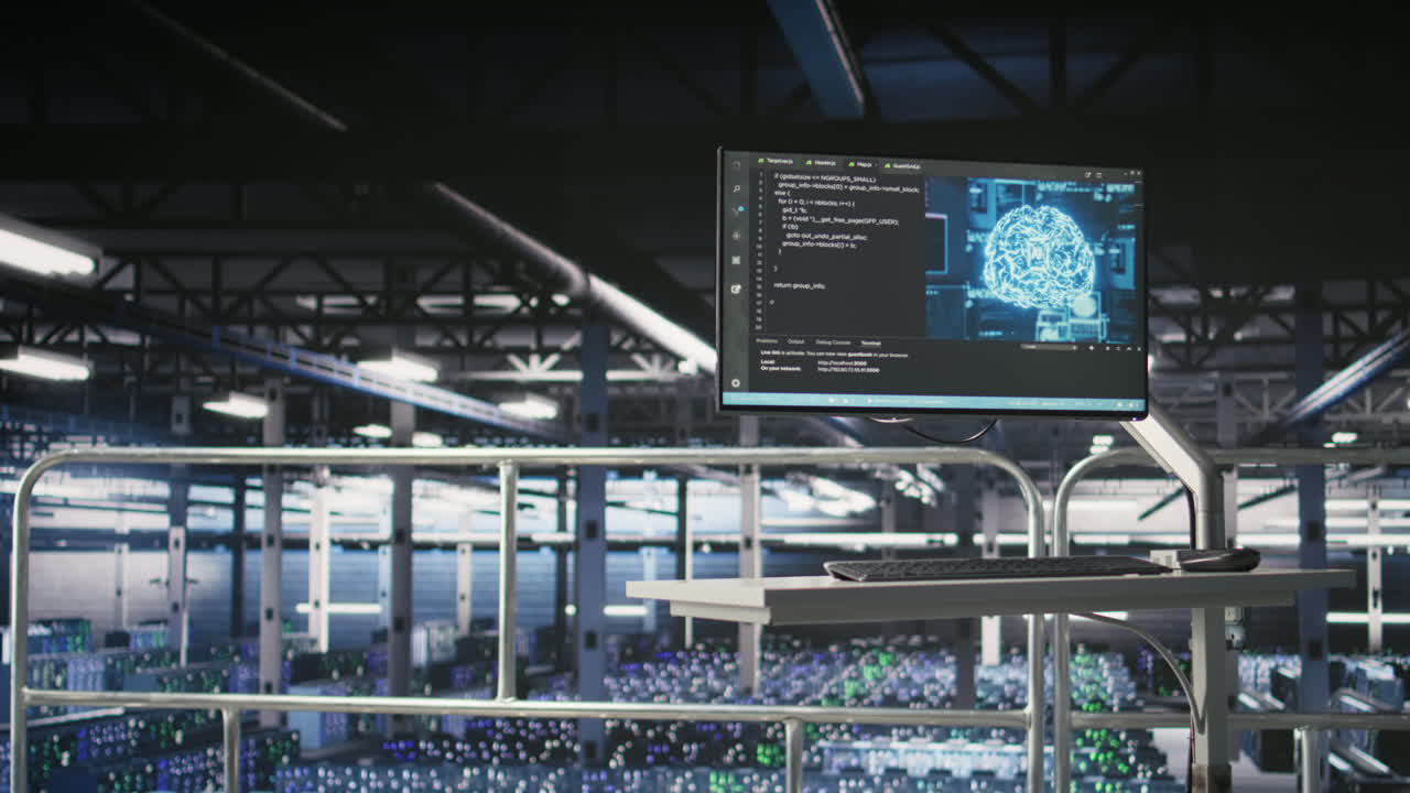 Elevated industrial data center control station screen monitoring AI servers