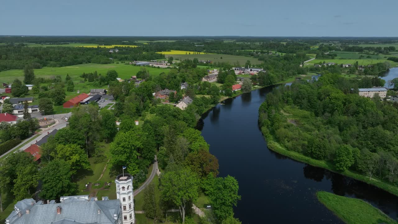 Aerial view of Puurmani Manor and Pedja River, Estonia.