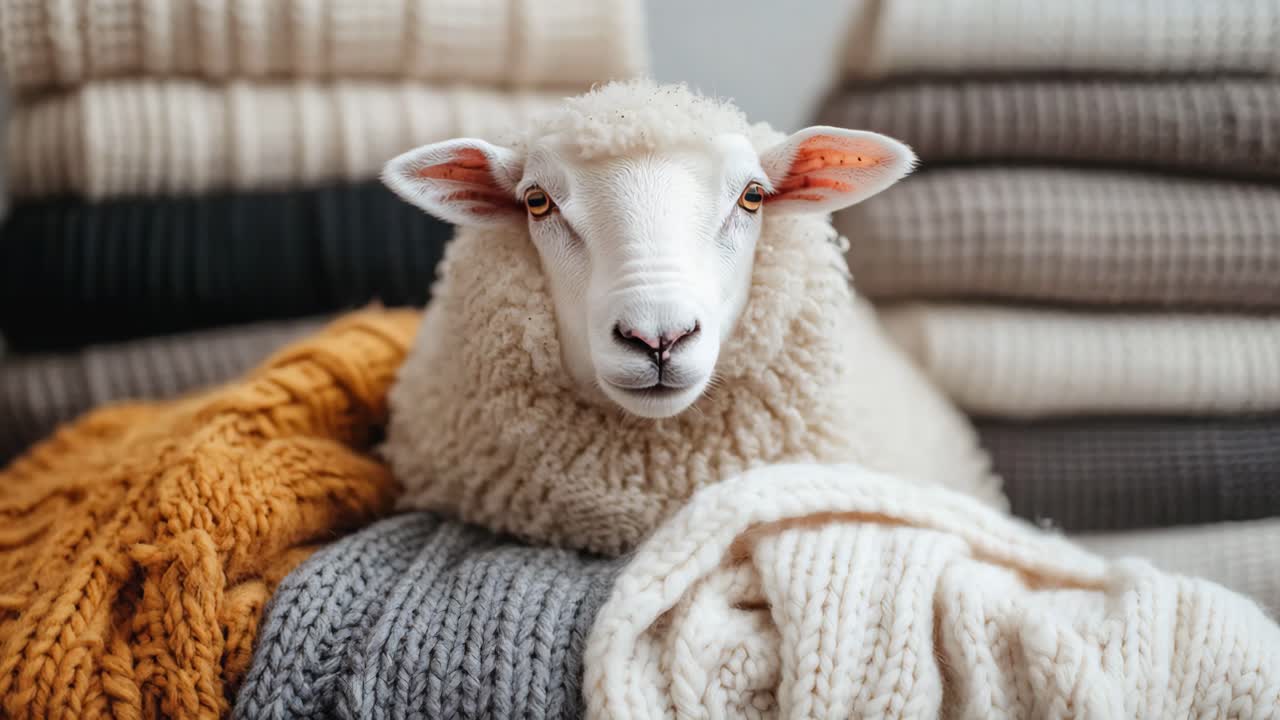 Sheep surrounded by knitted sweaters