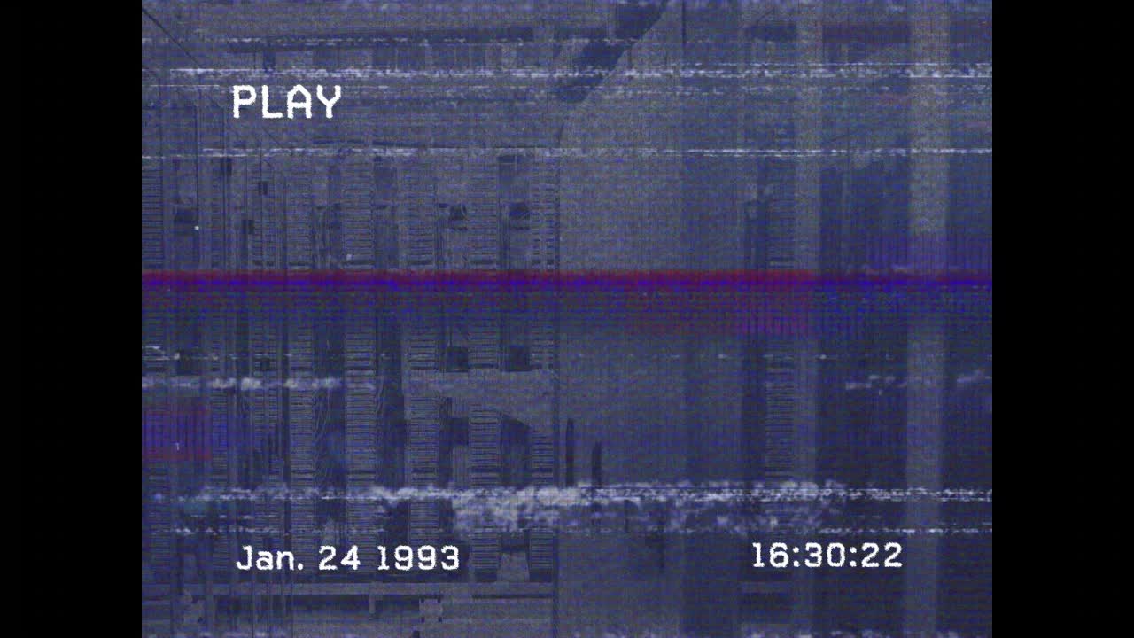 VHS playback starting with PLAY, timecode advancing, purple wisps drifting, revealing tape decay