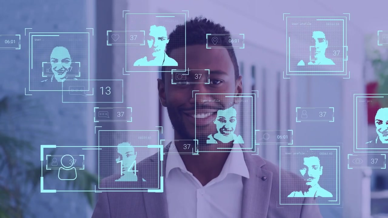 Animation of people icons over happy african american businessman