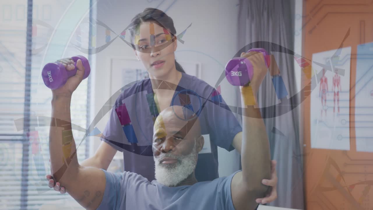 남성 환자와 혼혈 여성 의사에 대한 dna 가닥의 애니메이션