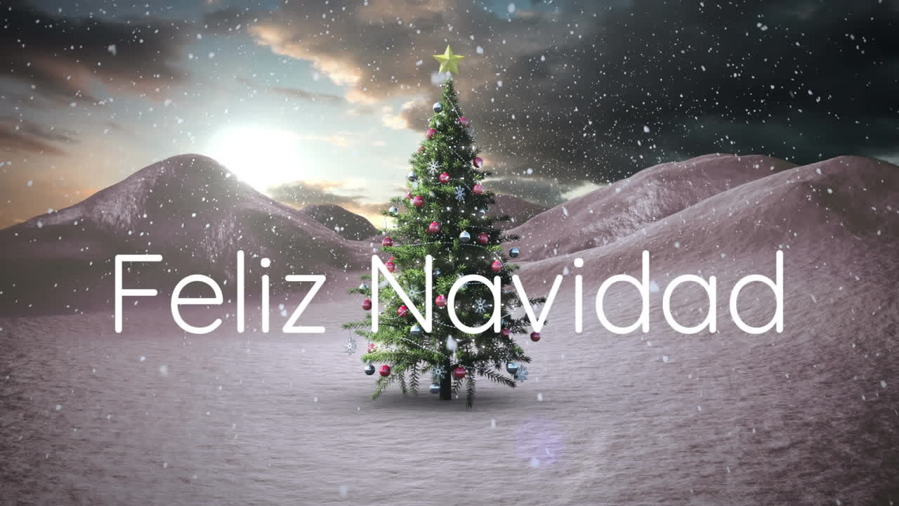animación de feliz navidad texto sobre árbol de navidad y nieve cayendo en el paisaje de invierno