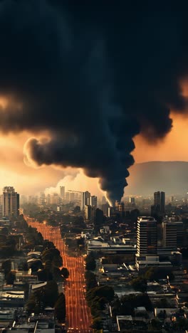 smoke billows over city skyline during dramatic sunset