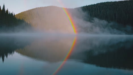 double rainbow over misty mountain lake