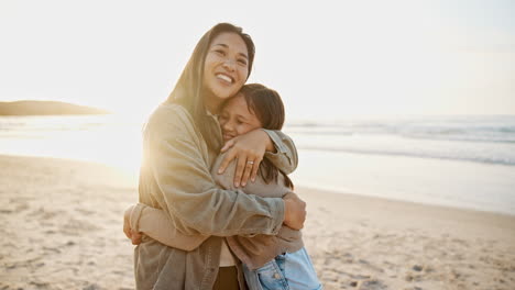mother, child and hug on beach happy for parent