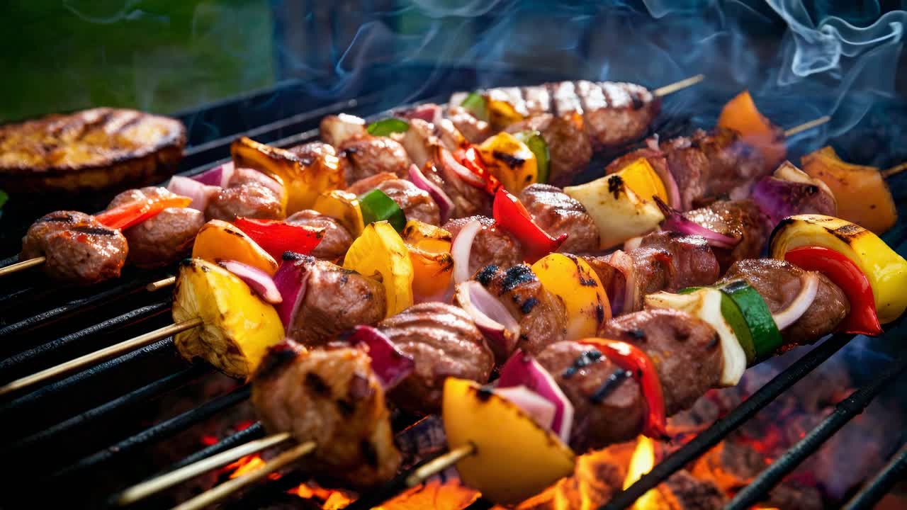 Close-up, eye-level shot of colorful grilled skewers with meat and vegetables, capturing the essence