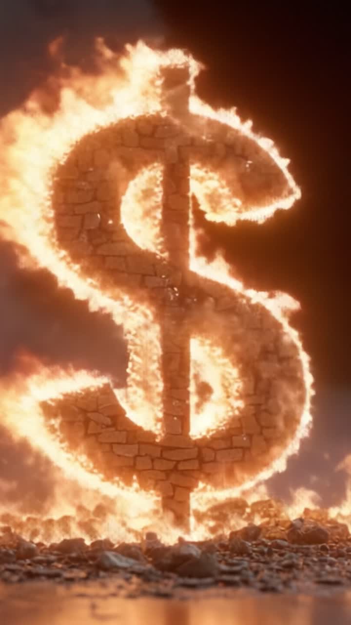 Uma representação flamejante de riqueza: um símbolo de cifrão em chamas simbolizando a intensidade do poder financeiro e o impacto do dinheiro na sociedade