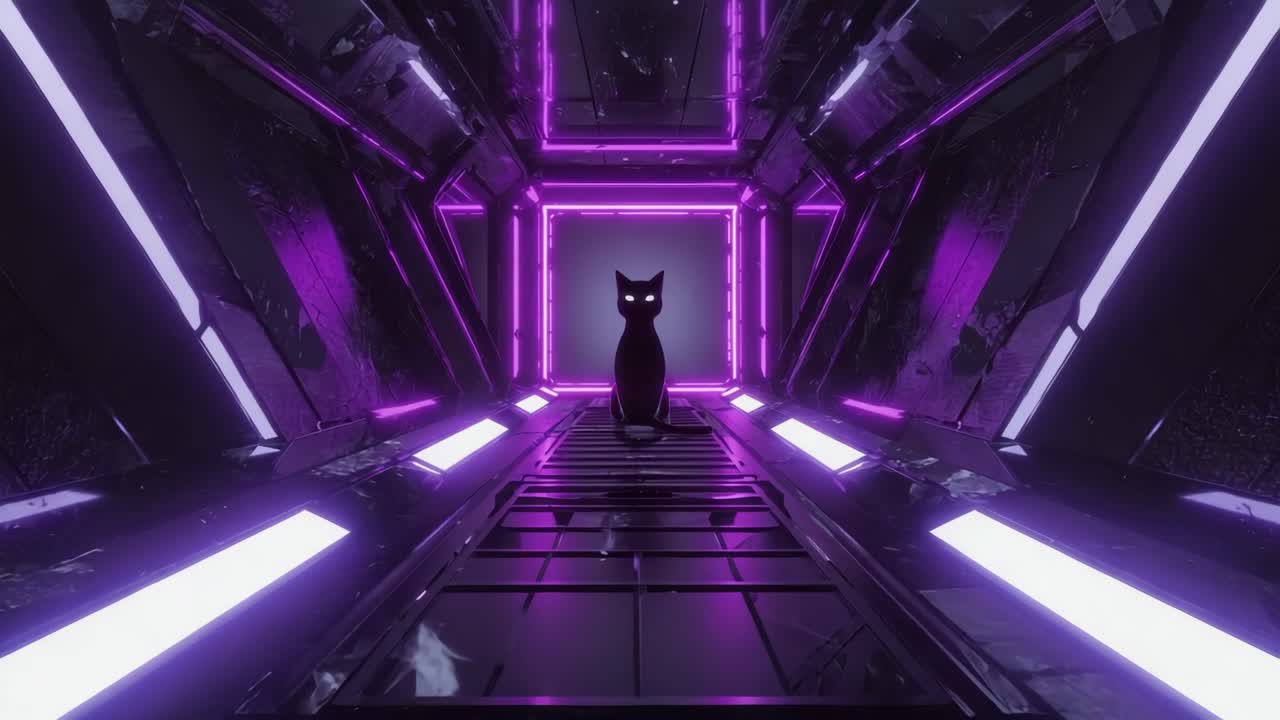 Un gatto in un tunnel futuristico al neon