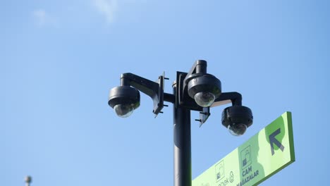 security cameras on a pole with a green sign