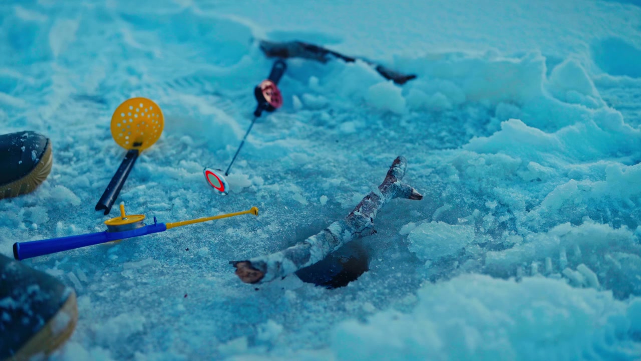 Ice Fishing On A Frozen Lake. Blue Fishing Rod And Yellow Ice Skimmer. Close-up Shot