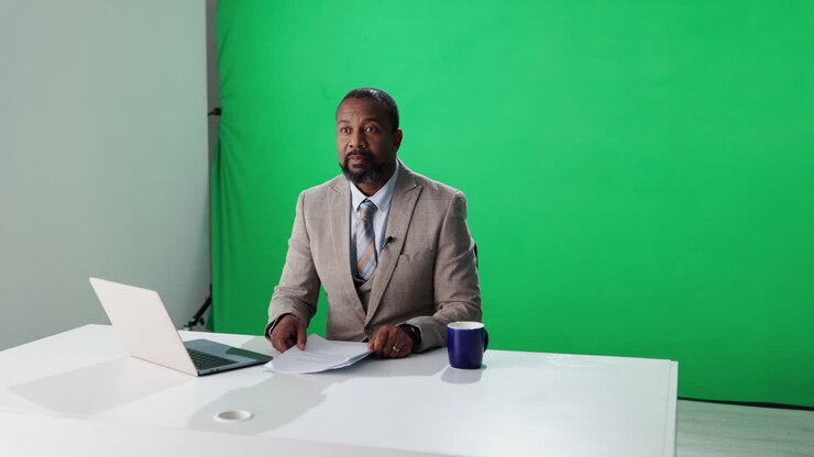 People working on a news set with a green screen