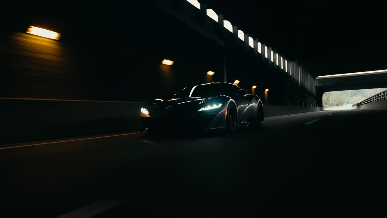 Elegante coupé sportiva che sfreccia in un tunnel, fari che fendono il cemento in ombra, con effetto mosso e superfici riflettenti.