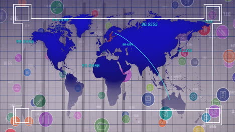 Animation-of-scanner-frame-and-data-processing-over-media-icons-and-world-map-on-grey-background