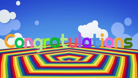 animation of congratulations text over rainbow shape