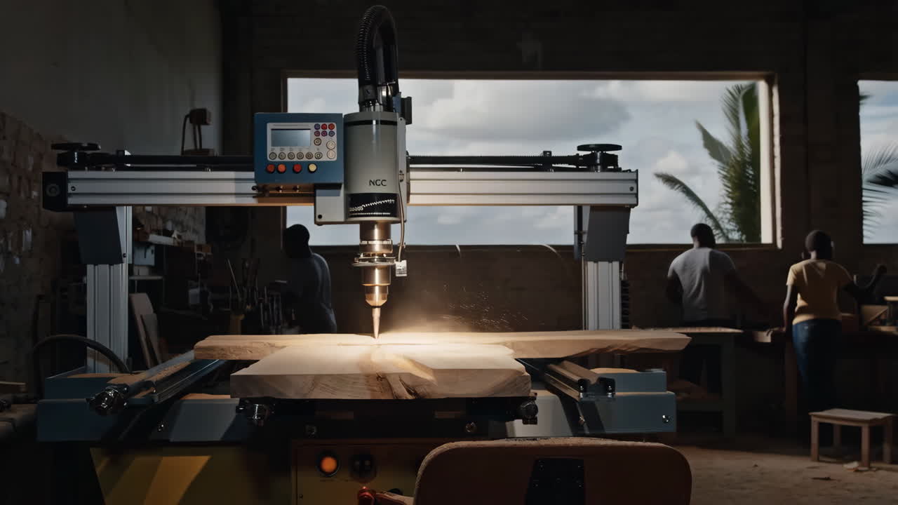 CNC machine carving wood in a workshop with people working