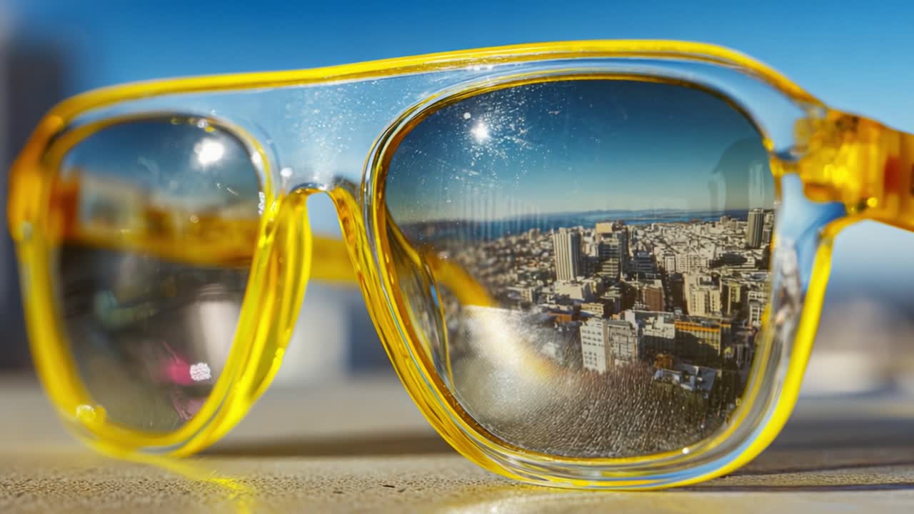 Close-Up of Trendy Yellow Sunglasses Reflecting a Cityscape, Capturing Vibrant Urban Life Through the Reflective Lenses with a Bright Blue Sky in the Background, Showcasing an Eye-Catching Perspective