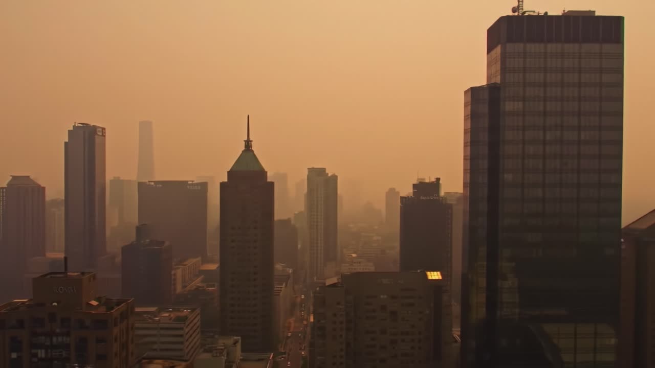 Aerial View of a City Skyline Enveloped in Hazy Smog During Sunset, Highlighting Skyscrapers and Urban Architecture