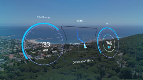 animación del velocímetro, el gps y los datos de carga en la interfaz del vehículo eléctrico, sobre la vista costera