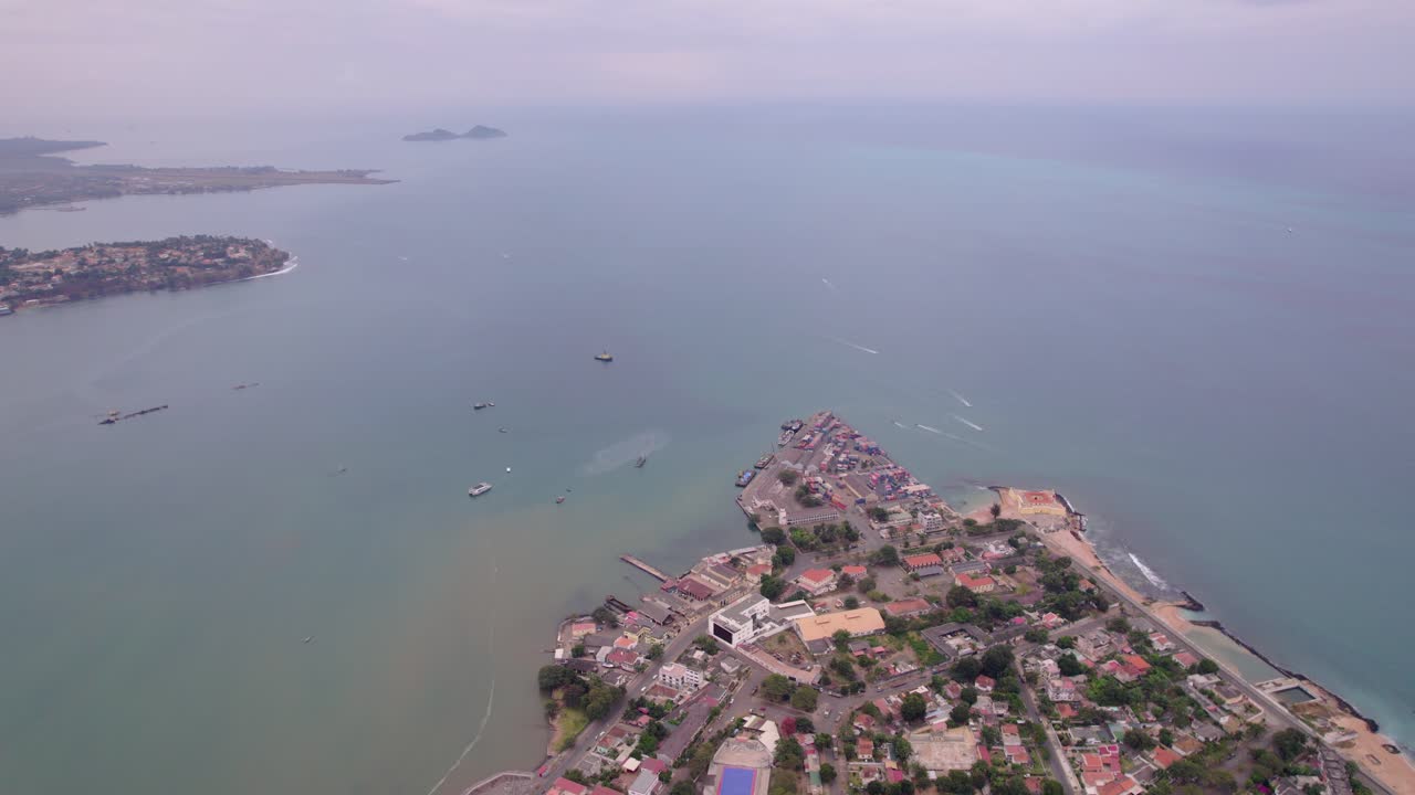 Aerial view of the cityscape, iconic Colonial buildings such as São Sebastião Museum, the stadium and the former Governor's Palace in São Tomé and Príncipe