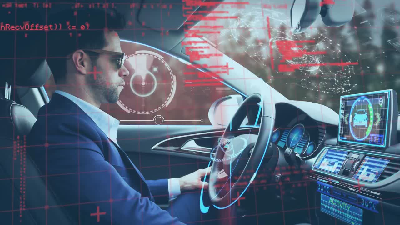 animación de pantallas de información con un hombre usando un coche de conducción autónoma