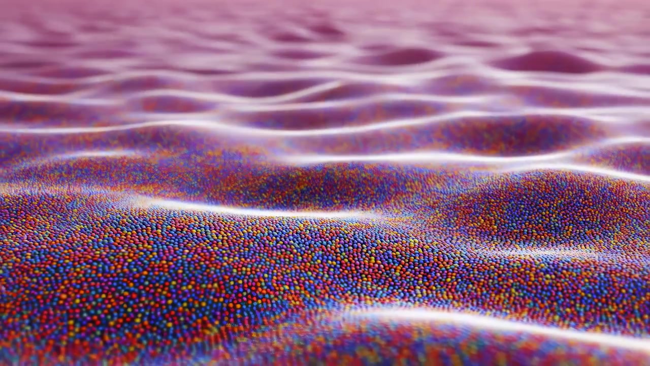 Dense fields of tiny colored spheres shift across smooth rolling ridges while luminous white lines follow each crest, with shallow focus fading the layered wave pattern into pink distance.