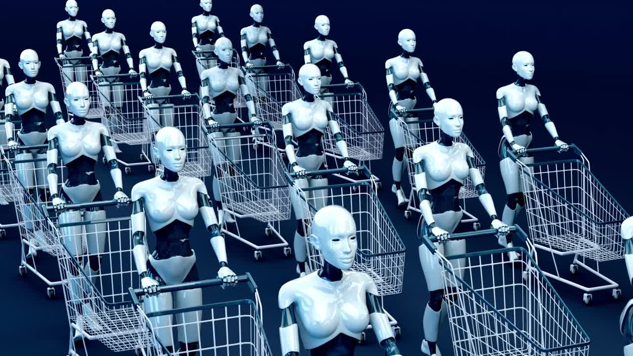 4K concept animation of women robots shopping