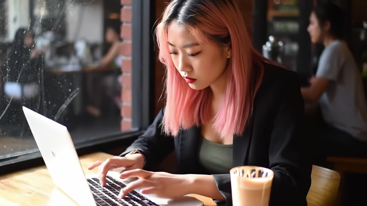 Focused Young Woman with Pink Hair Working on Laptop in a Cozy Caf? Setting, Engrossed in Her Tasks with a Cup of Coffee Beside Her