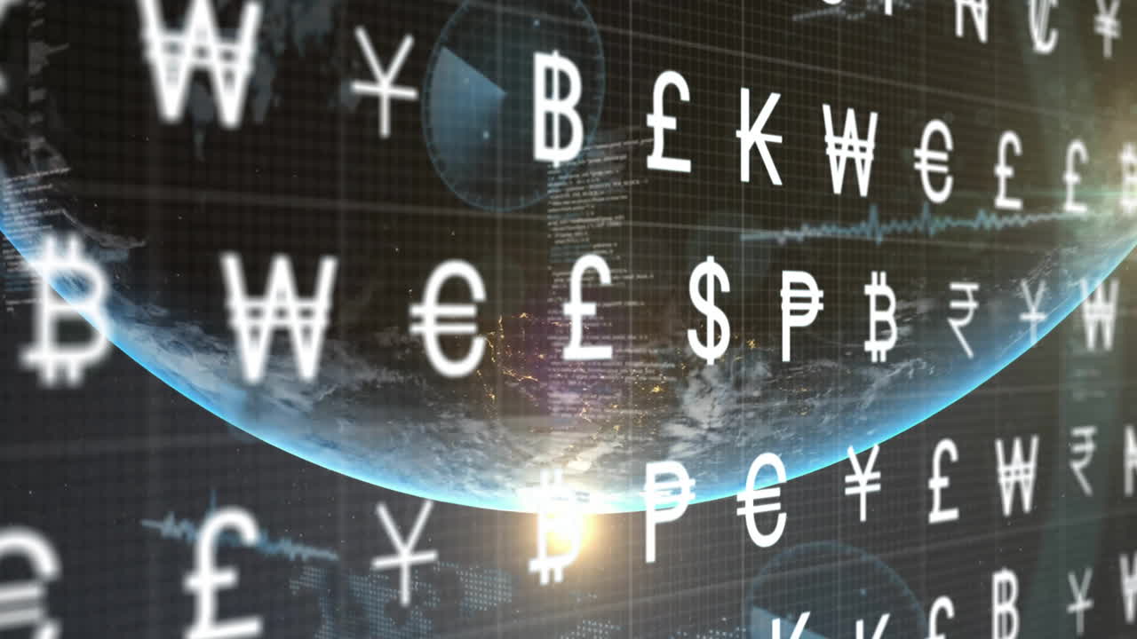 우주에서 지구와 태양을 가로질러 움직이는 세계 통화 기호의 애니메이션