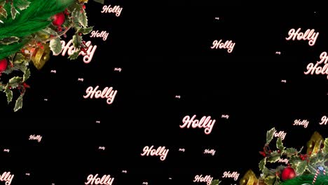 animation of holly text in repetition over christmas wreath on black background